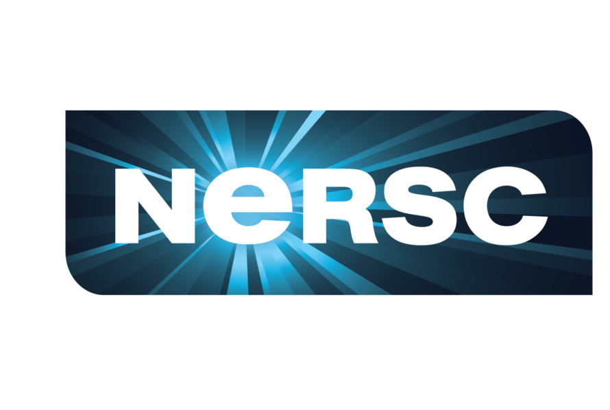 Graphic logo of word NERSC overlaid on light burst background.