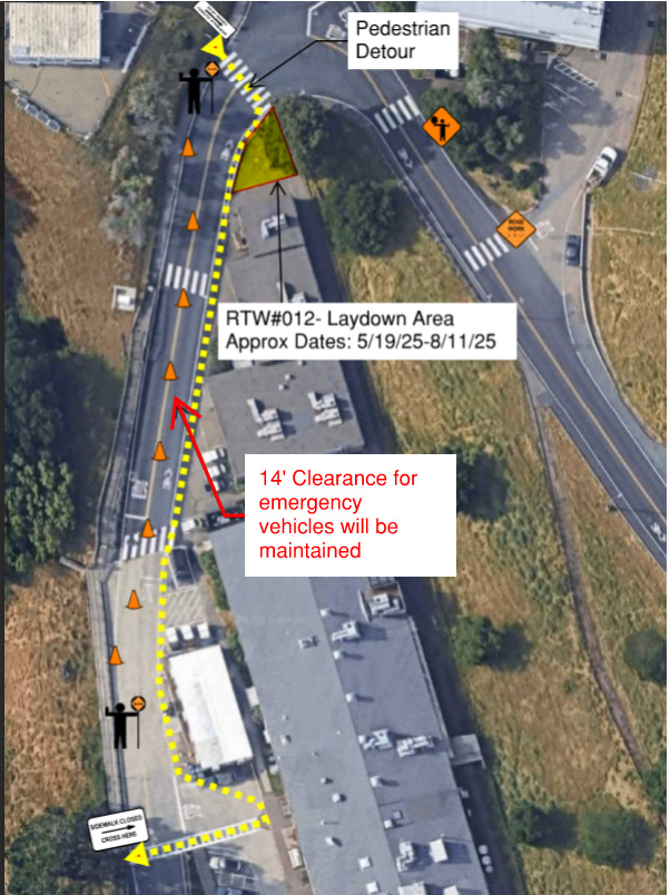 Aerial view of McMillan Road with icons indicating construction work.