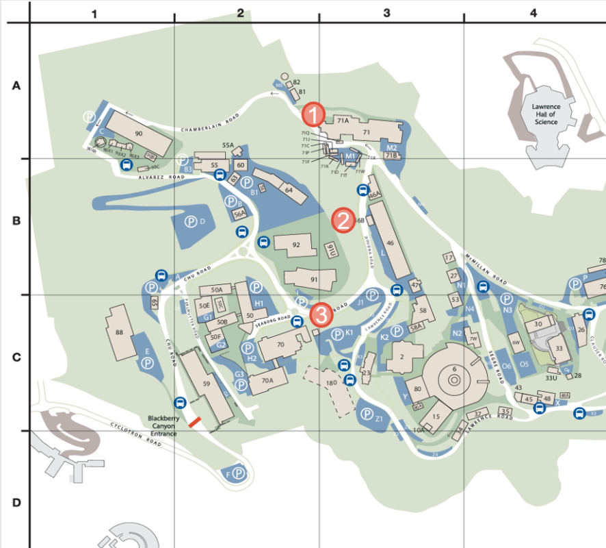 Berkeley Lab map with three circled numbers indicating the retaining wall construction sites. 