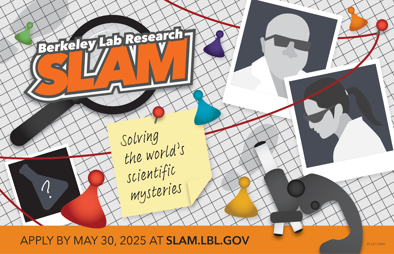 Graphic illustration montage of scientific instruments with word SLAM.