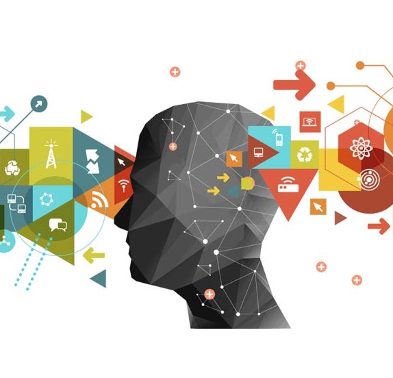 Graphic of person's head profile with various shapes emanating from it representing thought.
