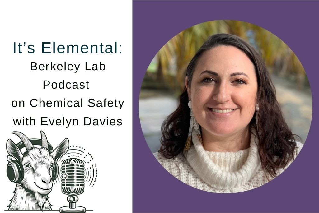 Composite image: on the left is an illustration of a goat talking into a microphone with the title "It's Elemental Berkeley Lab Podcast on Chemical Safety with Evelyn Davies; on the right is a circle-framed portrait of Evelyn, a person with medium-length dark hair wearing an ivory sweater with earrings, against a purple background.