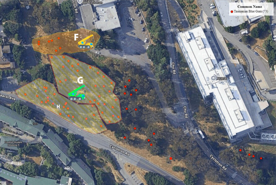 Satellite view of Building 88’s west and southwest boundaries with highlighted sections and red dots indicating tree removal work.