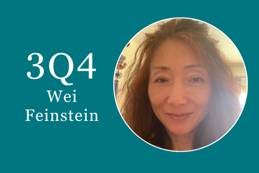 Composite image: a circular photo of Wei Feinstein against a teal background, with the words 3Q4 Wei Feinstein on the left