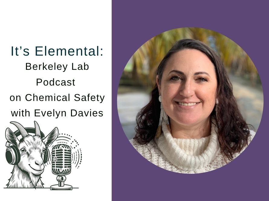 on Chemical Safety with Evelyn Davies; on the right is a circle-framed portrait of Evelyn, a person with medium-length dark hair wearing an ivory sweater with earrings, against a purple background.