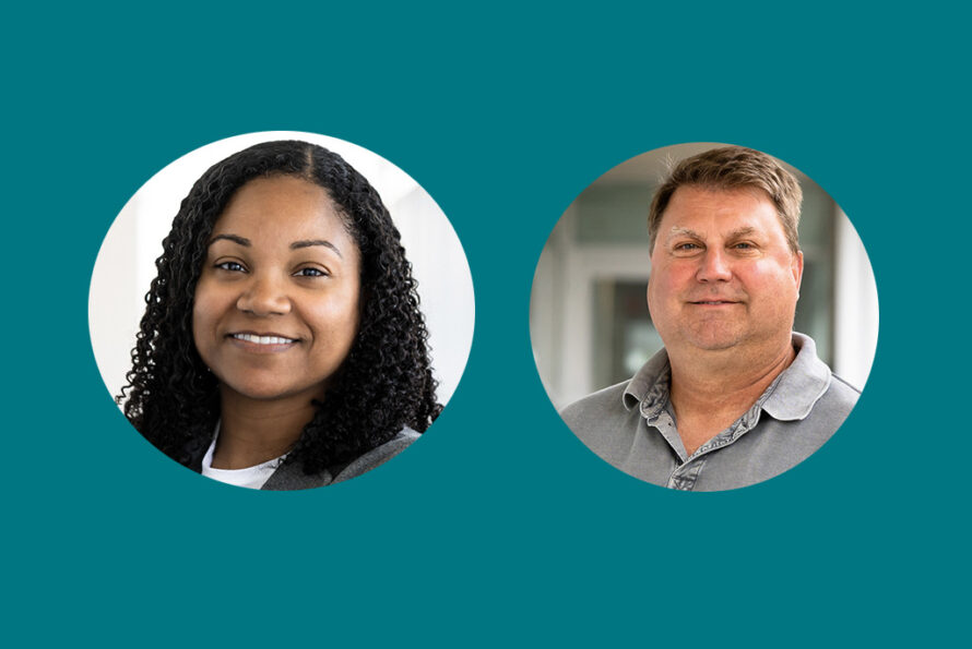 Two individual headshots with each image inside a circle. Both images on teal background