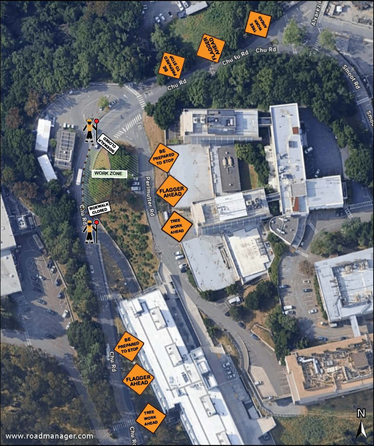 Aerial view of roads adjacent to Building 59 with signs indicating impacts to the roadways.