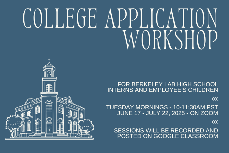 Graphic of a college building with words above College Application Workshop.