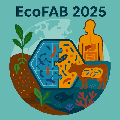 Composite graphic with green plant, hexagonal molecule, brown cow, and human form showing internal organs.