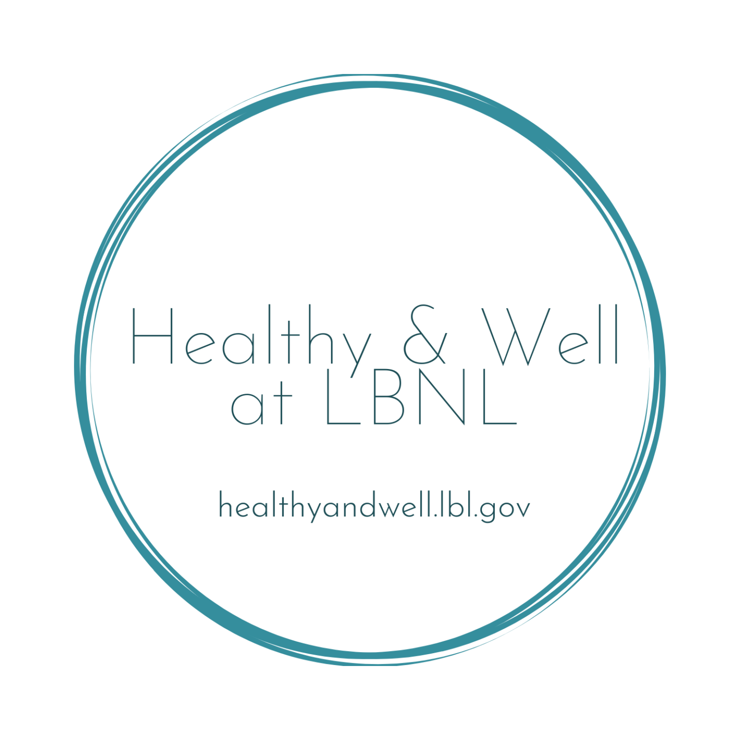 Graphic of teal circle outline with words in the center Healthy & Well at LBNL.