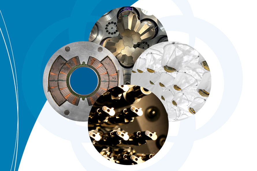 Four overlapping circles each showcasing scientific innovation in physical sciences.