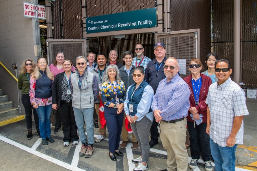 Group photo of Lab leaders and staff in front of the new Central Chemical Receiving Facility.