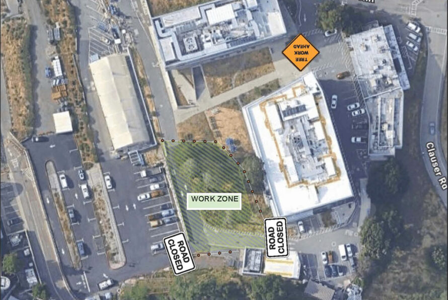 Aerial view of Building 33 and adjacent areas at Berkeley Lab with icons indicating tree removal work and road closures.