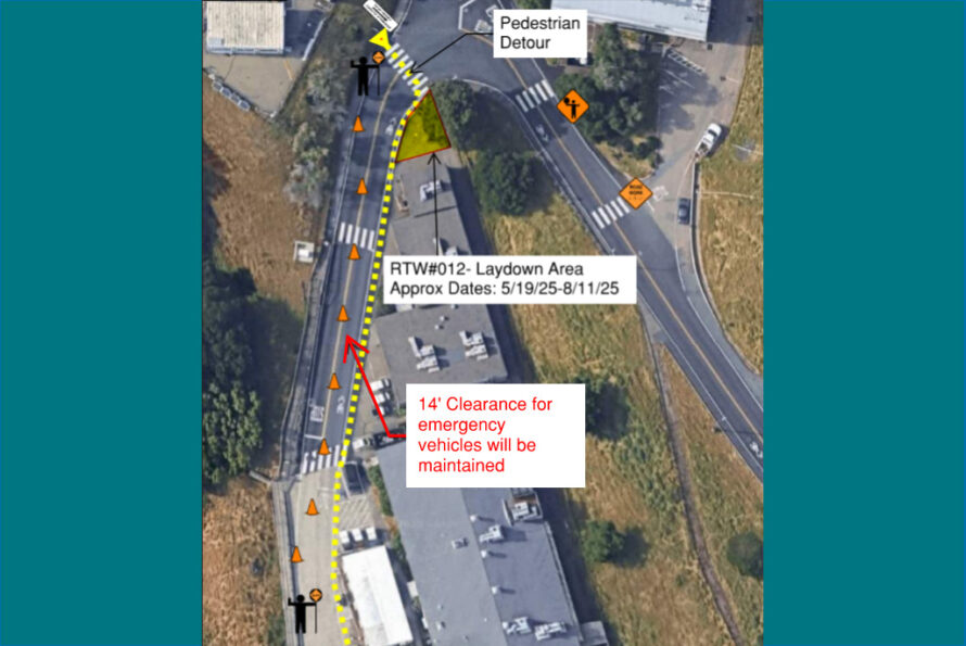 Aerial view of Doudna Road with markings and text indicating retaining wall construction work, flaggers, and pedestrian detours against a teal background.