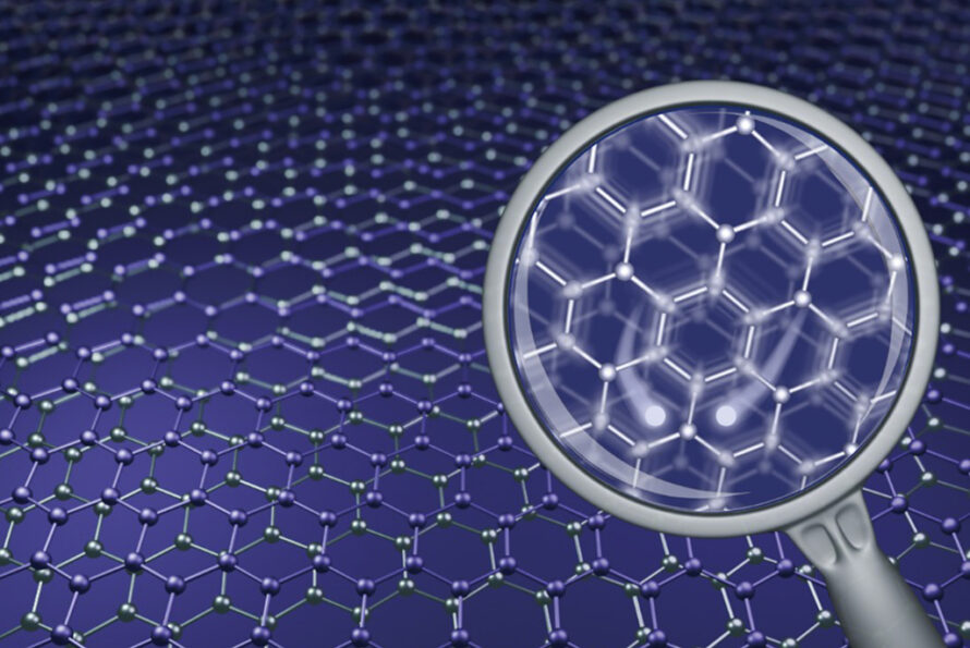 Artistic depiction of a twisted bilayer graphene system with a very slight twist in the alignment of the two graphene layers creating a moiré pattern.