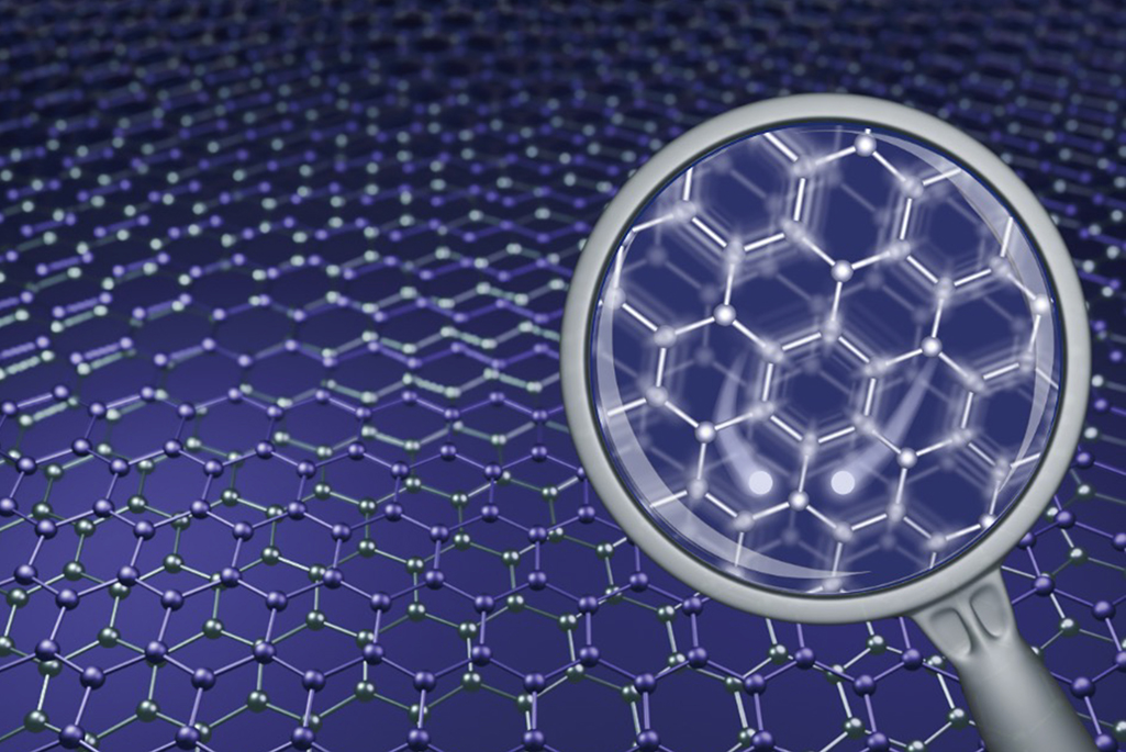 Artistic depiction of a twisted bilayer graphene system with a very slight twist in the alignment of the two graphene layers creating a moiré pattern.
