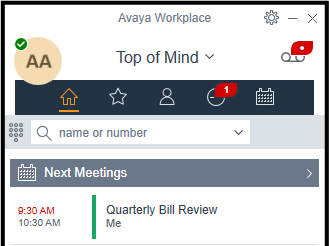 Closeup of software program open on computer showing dashboard of phone and meeting panes titled at top "Avaya Workplace".