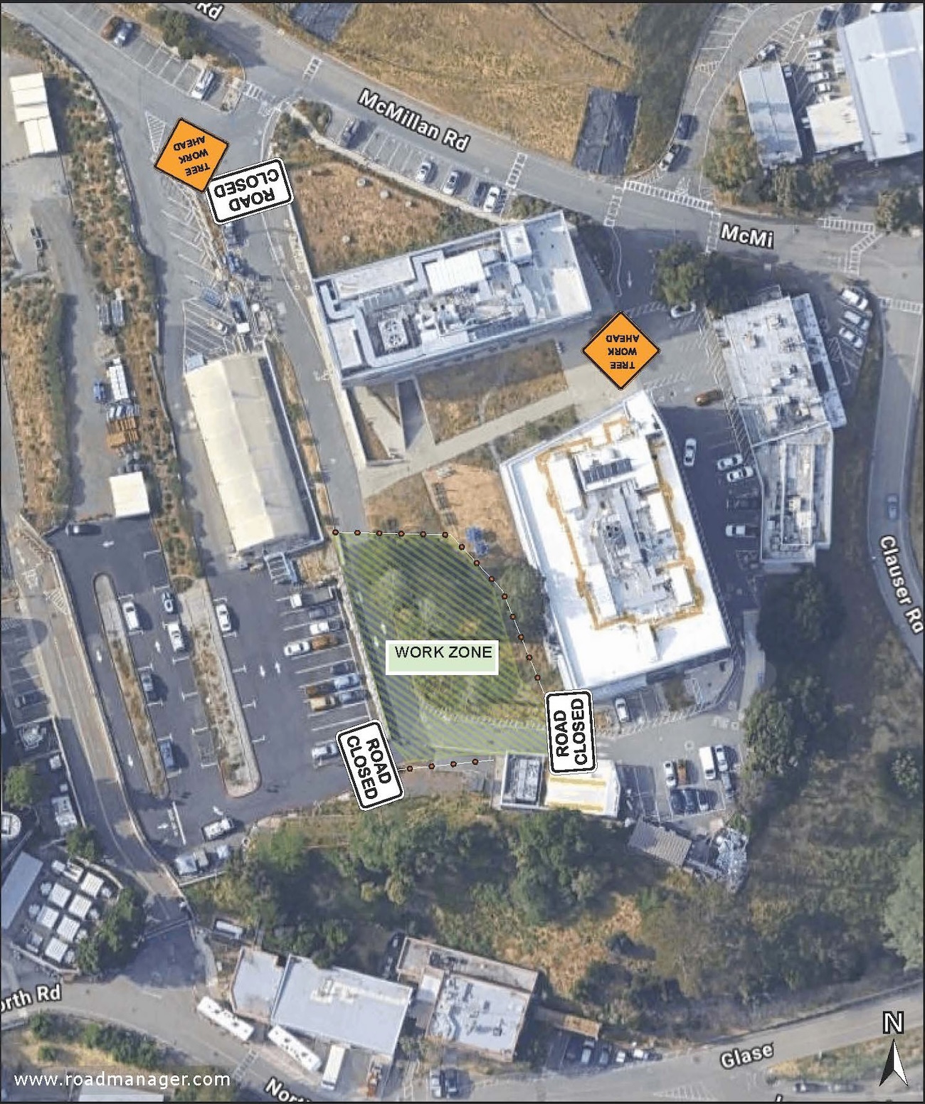 Aerial view of Building 33 and adjacent areas at Berkeley Lab with icons indicating tree removal work and road closures.