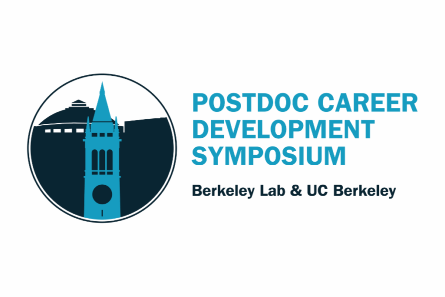 Composite graphic of black and teal logo of Berkeley Carillon Tower with words "Postdoc Career Development Symposium" on the right.