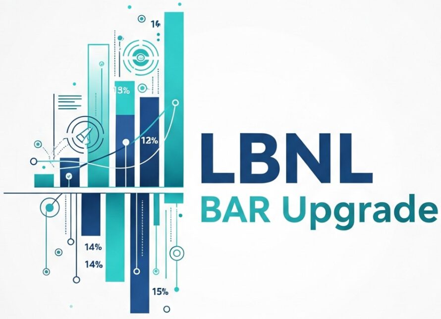 Composite illustration of blue and green bars on chart with the words "LBNL BAR Upgrade" to the right.
