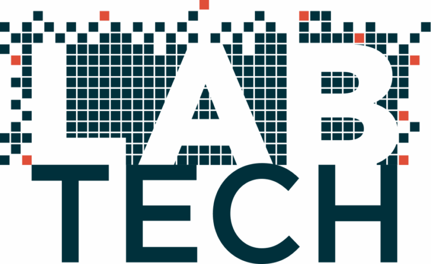 Graphic illustration of logo with words "Lab Tech" overlaid on background of pixels.