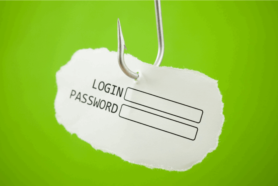 Illustration of a fishhook holding a scrap of paper with the words "login" and "password" typed on it