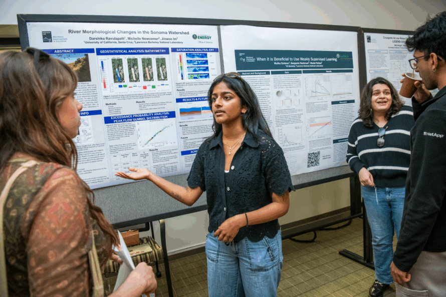 Persons standing in front of wall mounted poster with one person gesturing toward poster and talking to other persons.
