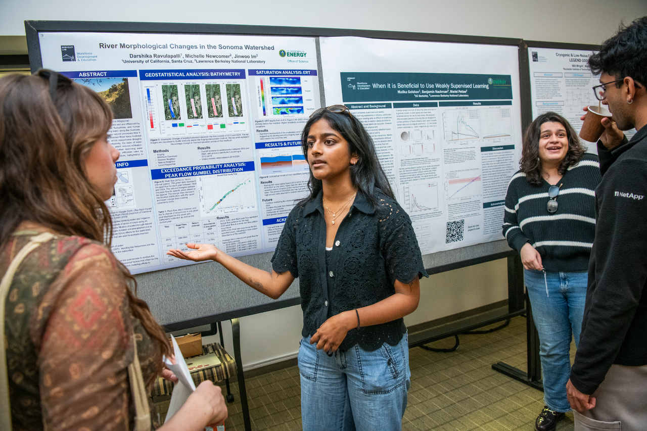Persons standing in front of wall mounted poster with one person gesturing toward poster and talking to other persons.