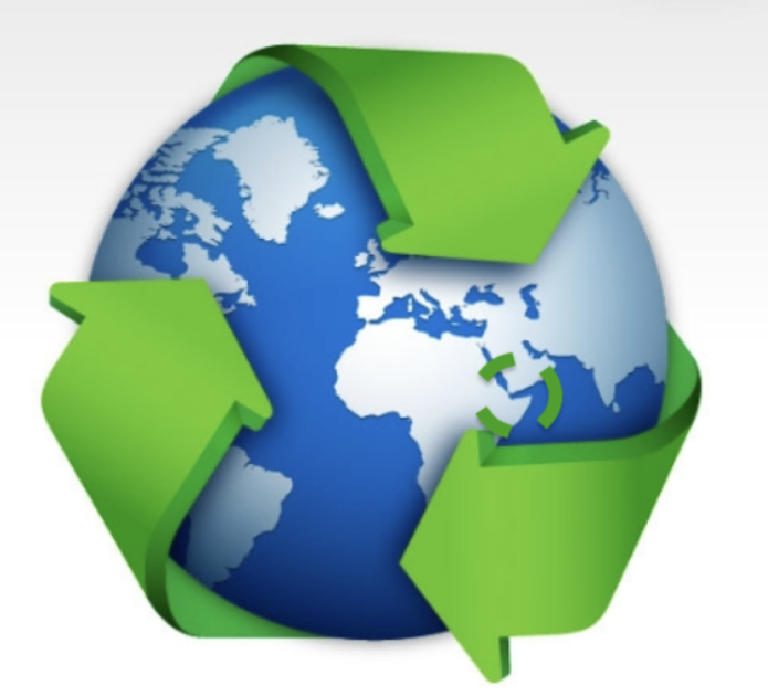 Composite illustration of blue world globe partially overlaid with green recycle logo represented by three arrows indicating reuse.