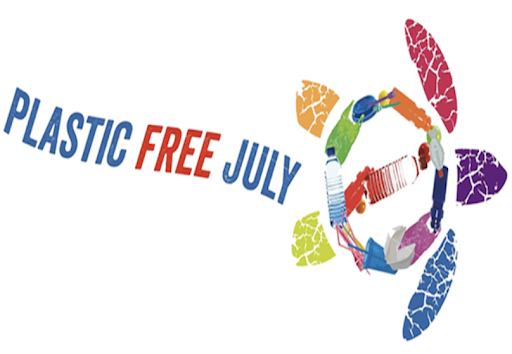 Composite illustration showing multi-colored turtle with a shell made from plastic items next to the words "Plastic Free July".