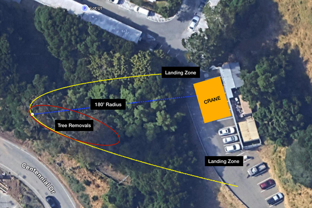 Aerial view of Berkeley Lab hill site near Building 74 showing circled areas for tree removal.