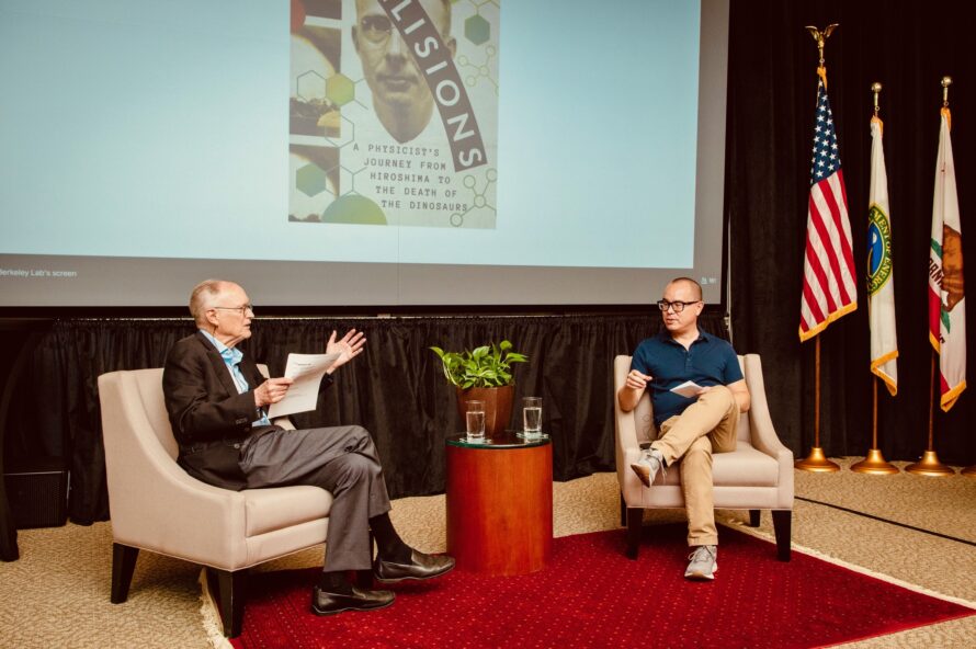 Berkeley Lab Director Michael Witherell and Luis Alvarez biographer, Alex Nevala-Lee seated facing each other onstage in fireside chat.