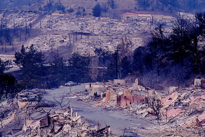 Aerial view of neighborhood after wildfire