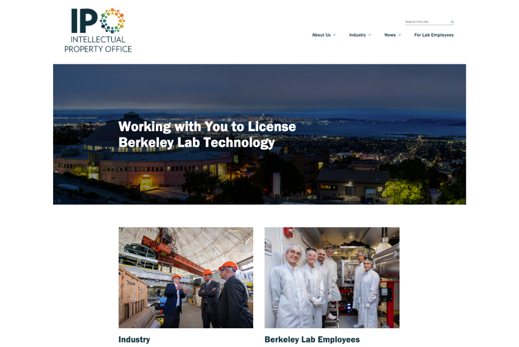 Website homepage with three images and a logo of the Intellectual Property Office.
