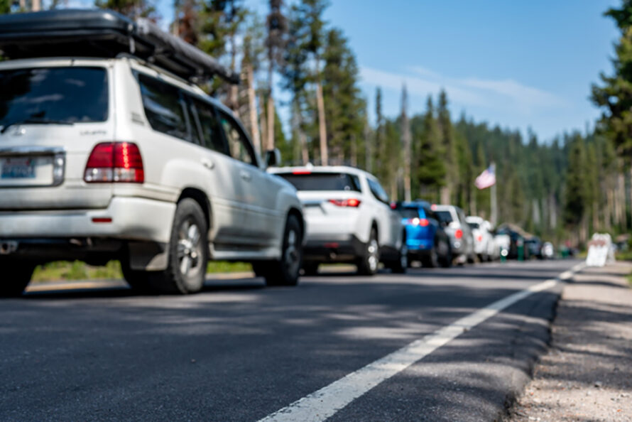 Long line of cars stuck in traffic.