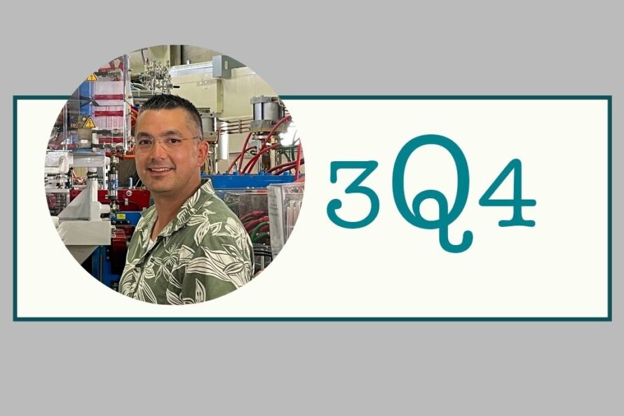 Composite image: a circular photo of Kyle McCombs at the ALS against a gray and cream background, with the words 3Q4 on the right.
