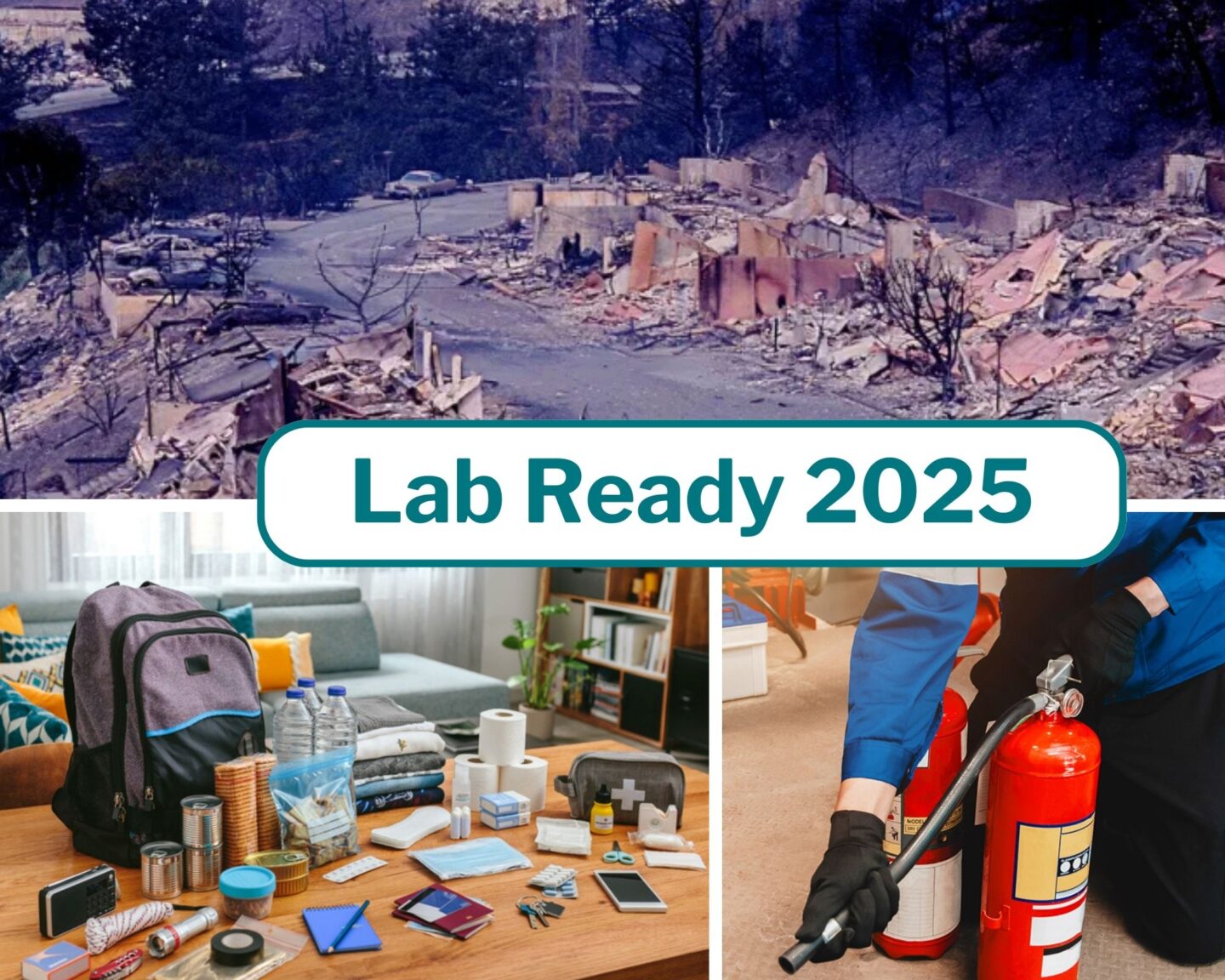 Composite photo of residential area after wildfire, go bag, and fire extinguisher.