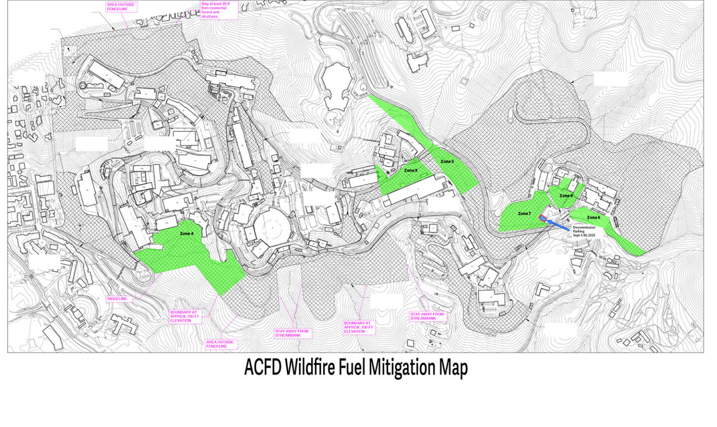 Topological view of Berkeley Lab's hill site campus with areas highlighted in green to indicate different wildfire fuel mitigation zones.