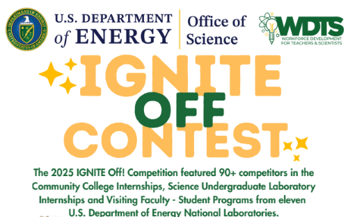 Graphic illustration of yellow and green words "Ignite Off Contest" with DOE and WDTS logos above and contest information below.