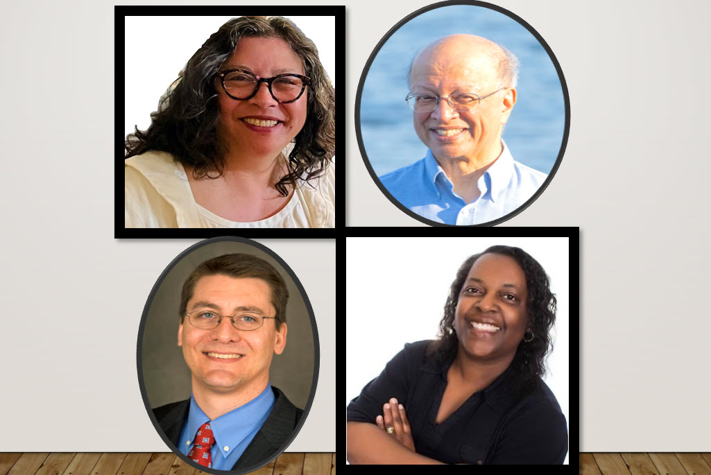 Four separate headshots of persons smiling.