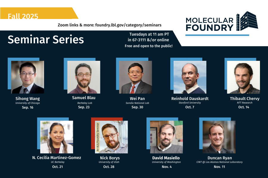 Composite illustration of nine headshots of persons against black background titled "Speaker Series" with Molecular Foundry logo above.