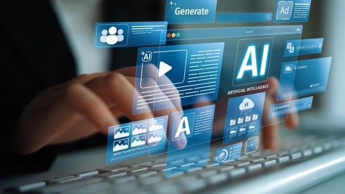 Composite graphic of person's hands typing on computer keyboard overlaid with images suggesting artificial intelligence, including one with the acronym "AI"