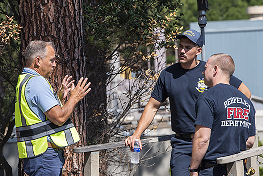 Person in yellow safety vest talking to two persons in fire uniforms
