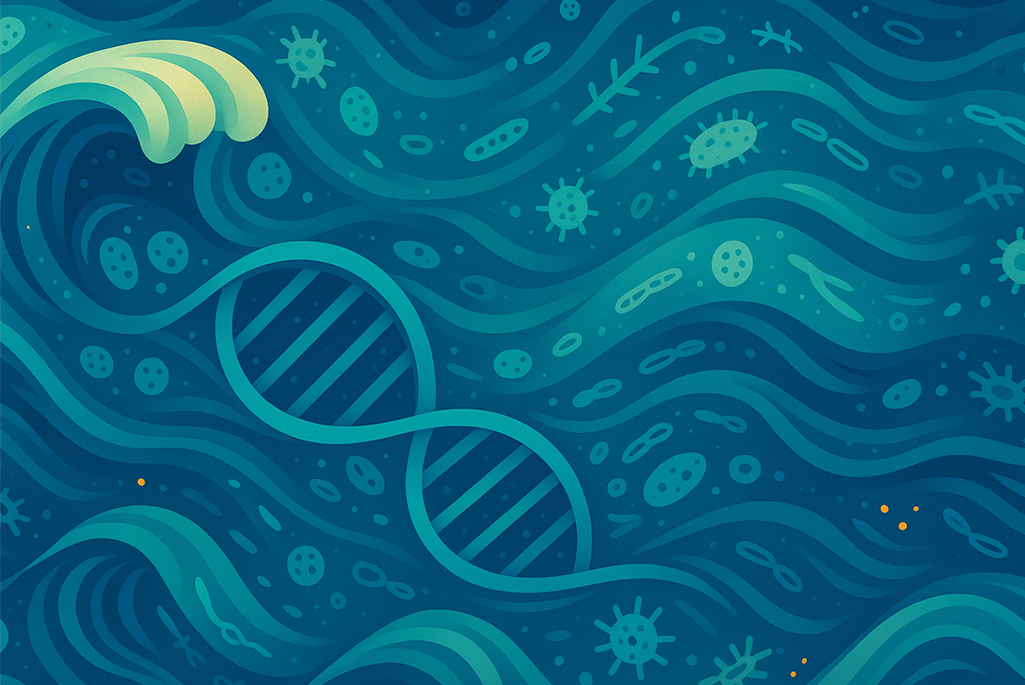 Illustration of blue ocean waves made up of DNA sequencing strands