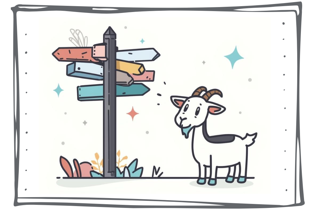 illustrations of a cartoon goat standing in front of a sign post with arrows pointing different directions