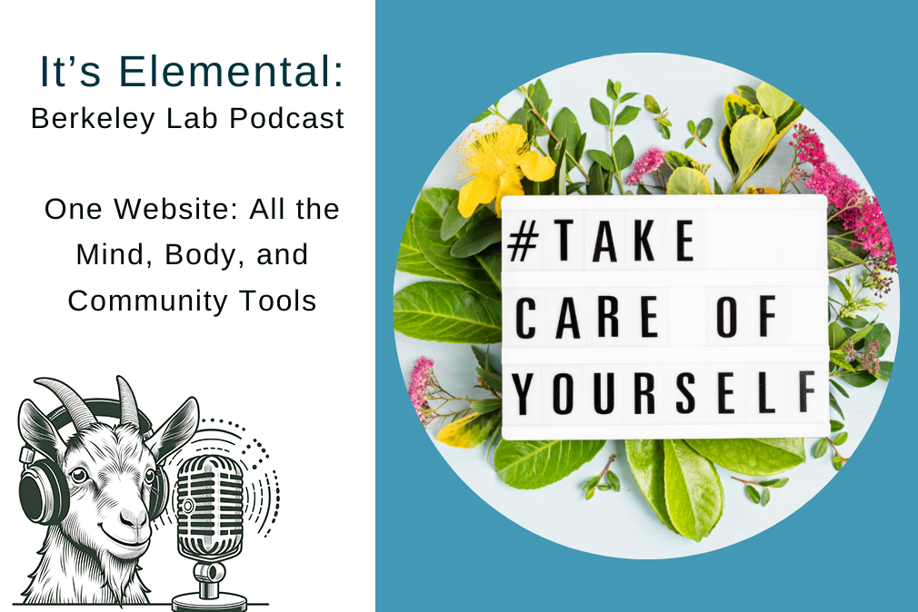 Composite illustration of Elements newsletter podcast logo titled "One Website: All the Mind, Body, and Community Tools" next to an image of flowers and a sign that says #TakeCareOfYourself.