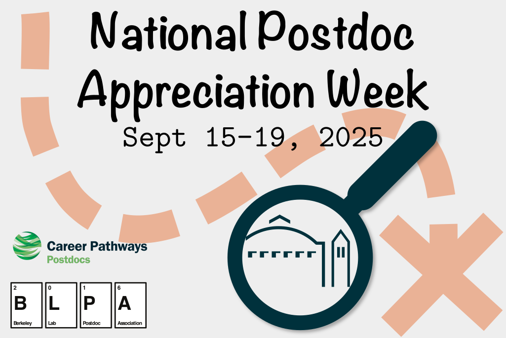 Composite illustration of pink dotted-line trail with magnifying glass revealing Berkeley Lab logo overlaid with words "National Postdoc Appreciation Week".
