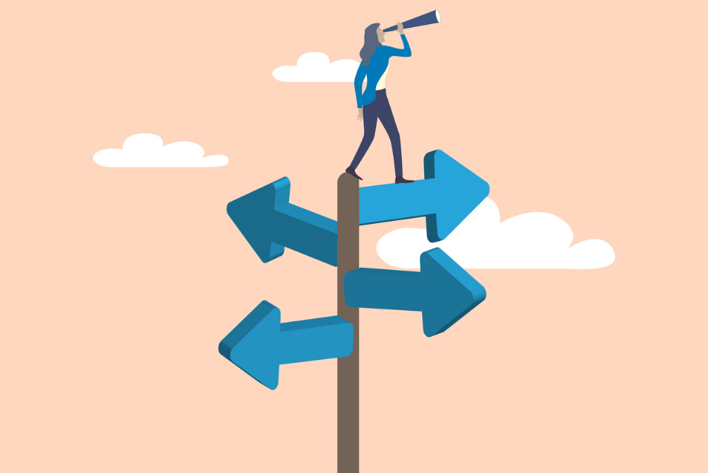 illustration of a person atop a pole with arrows going in multiple directions