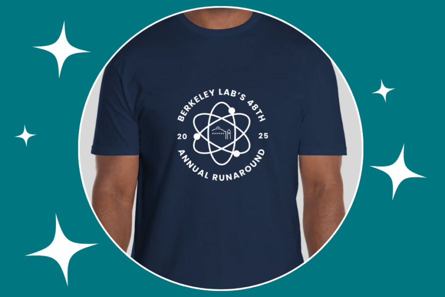Image of a t-shirt with the words 2025 Berkeley Lab Runaround in white on a blue background