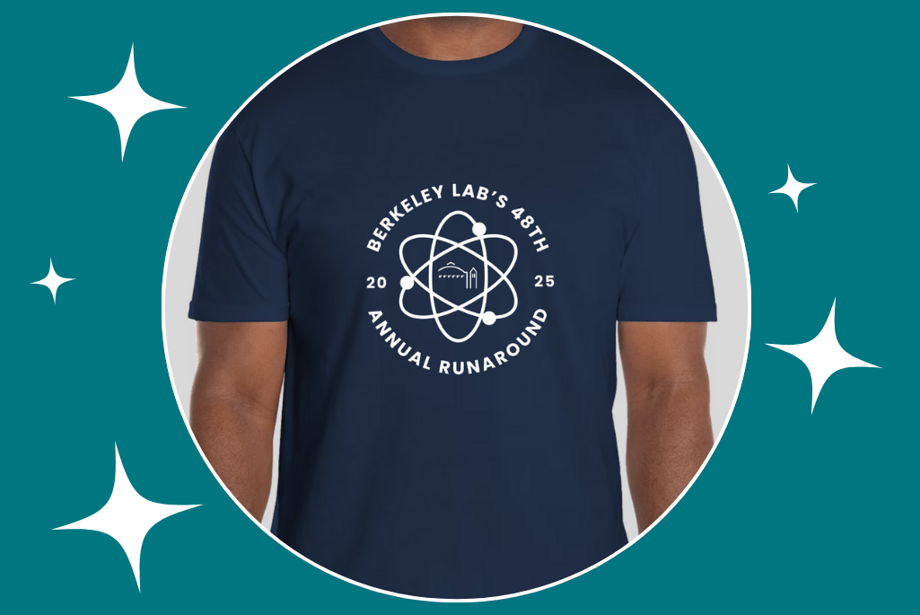 Image of a t-shirt with the words 2025 Berkeley Lab Runaround in white on a blue background